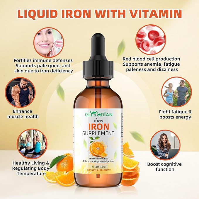 Iron Liquid Drops for Women & Men： Iron Drop 60ml 98% Absorption Liquid Iron Supplement Drops Supports Immunity Energy Red Blood Cell Production Relieves Fatigue Dizziness Natural Orange Flavor
