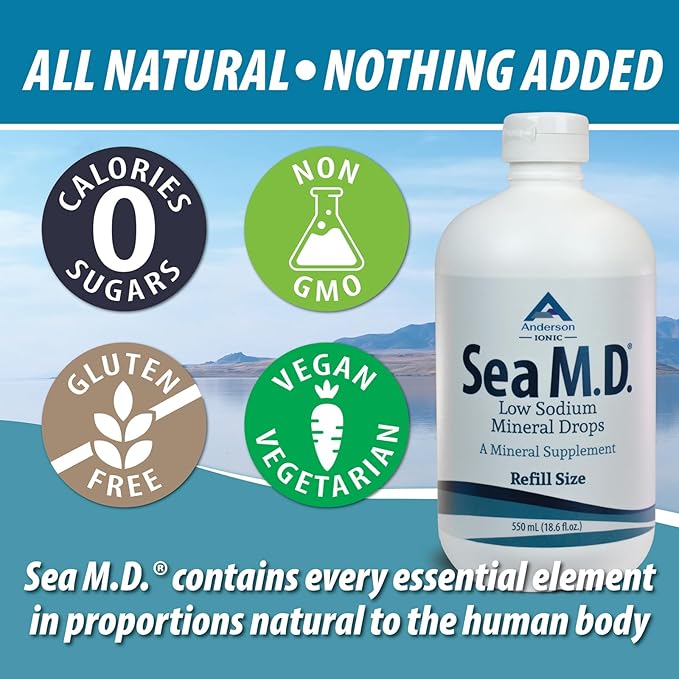 Anderson Sea M.D. New Refill Size Concentrated Trace Mineral Drops, Ionic Electrolyte Magnesium Supplement, Aids in Muscle Cramps, Liquid Magnesium, Easy to Take, 550mL, 275 Servings