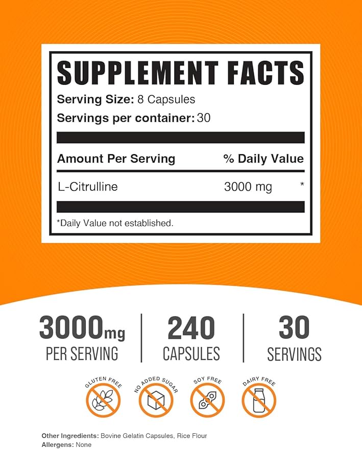 BulkSupplements.com L-Citrulline Capsules - Citrulline Supplement, L-Citrulline 3000mg Capsules - Citrulline Pills, Gluten Free - 8 Capsules per Serving, 240 Capsules (Pack of 1)
