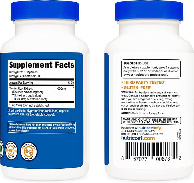 Nutricost Valerian Root Capsules (1000mg Per Serving) 120 Capsules - 4,000mg Equivalent Per Serving (4:1 Extract), Vegetarian Caps, Gluten Free, Non-GMO