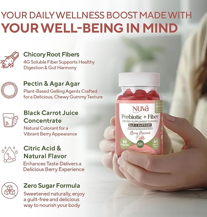 NuVa by Trulore Prebiotic + Fiber Gummies | GLP-1 User Nutritional Support | Sugar Free Fiber Gummies for Adults | Berry Flavor | Non-GMO Digestive Balance for Men & Women | 60 Gummies - 30 day Supply