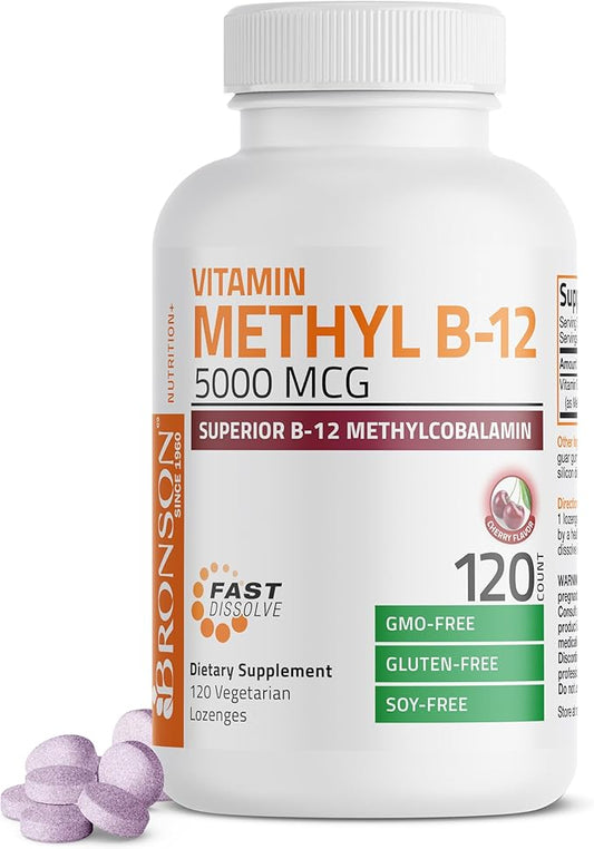 Bronson Methyl B12 5000 mcg Vitamin B12 Methylcobalamin Energy & Brain Support, 120 Lozenges