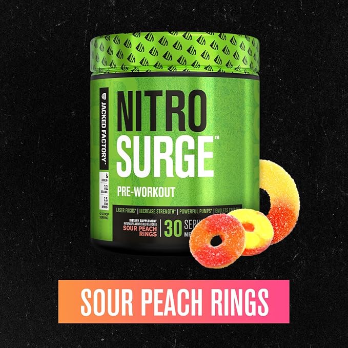 Jacked Factory NITROSURGE Pre Workout Supplement - Endless Energy, Instant Strength Gains, Clear Focus, Intense Pumps - NO Booster & Powerful Preworkout Energy Powder - 30 Servings, Sour Peach Rings