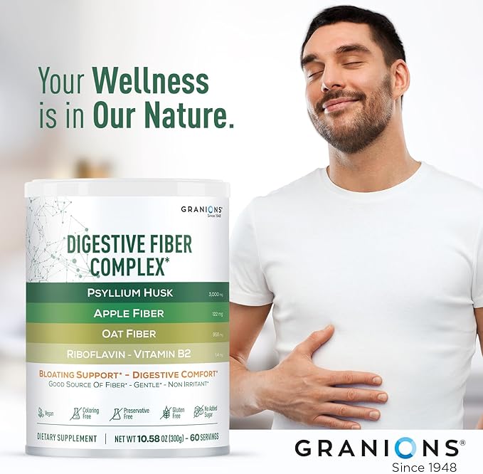 Psyllium Husk Powder Digestive Fiber Supplement – Gut Health, Bloating Relief for Women and Men - Daily Soluble and Insoluble Psyllium Husk Fiber Powder Apple, Oat, B2 - Vegan, Unflavored, 60 Servings