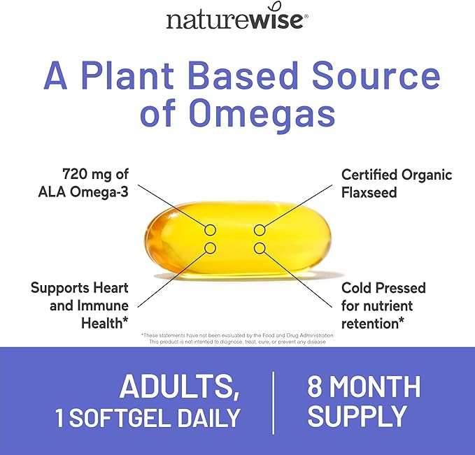 NatureWise Flaxseed Oil 1,242 mg, Fish Free Omega 3 6 9 with 720mg ALA, Dietary Supplement for Heart Health Support - Organic, Cold Pressed, Non-GMO - 240 Softgels[8-Month Supply]