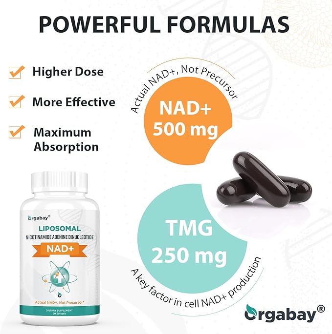 Orgabay Liposomal NAD+ Supplement 500 mg, High Absorption, Boost NAD+ with TMG 250 mg, Actual NAD Plus More Efficient Than Nicotinamide Riboside, Support Cellular Energy, Healthy Aging | 600 Softgels