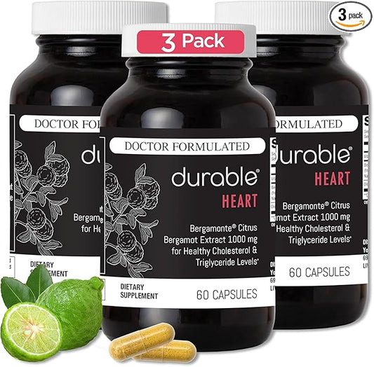 Durable Heart – Bergamonte Citrus Bergamot 1,000 mg + Olive Leaf Extract + Vitamin C - Heart Health Supplement for Healthy Cholesterol - Doctor Formulated, Vegan, Non-GMO, Made in USA (180 Capsules)
