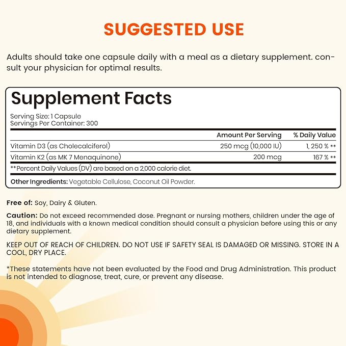 VEV Vitamin D3 K2, 10,000 IU D3, 200mcg K2 (with MK7) Corefeel, Supports Bone and Teeth Health, Dual Nutrient Support for Daily Wellness, Easy to Swallow – 300 Capsules