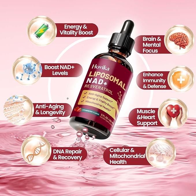 2 Pack Liposomal NAD Supplement - 1200mg NAD+ Liquid Drops for Women & Men with Resveratrol, Black Pepper Extract - Support Anti-Aging, Brain & Cellular Mitochondrial Health - Strawberry Flavor