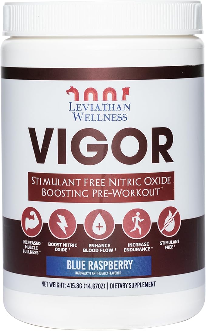 Vigor - Stimulant-Free Nitric Oxide Pre-Workout Powder | L-Citrulline (5000mg), Malic Acid (2000mg), GlycerPump (1500mg)| Blue Raspberry| 30 Servings, 13.86g Each | Made in The USA
