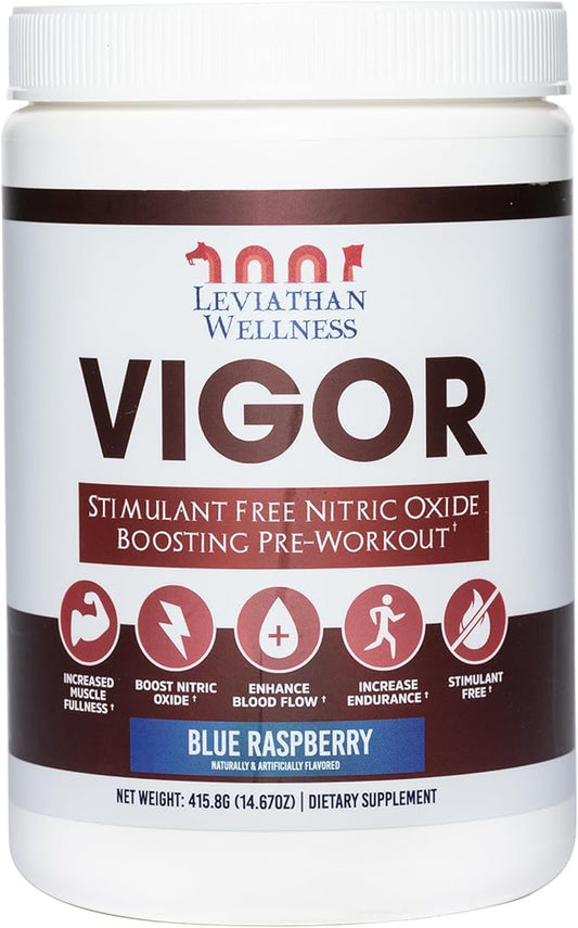 Vigor - Stimulant-Free Nitric Oxide Pre-Workout Powder | L-Citrulline (5000mg), Malic Acid (2000mg), GlycerPump (1500mg)| Blue Raspberry| 30 Servings, 13.86g Each | Made in The USA