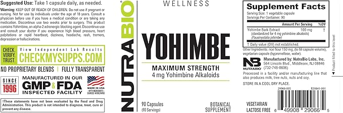 NutraBio Yohimbe (4mg)- Yohimbe Supplement for Men and Women- Yohimbe Bark Extract- 4mg- 90 Vegetable Capsules
