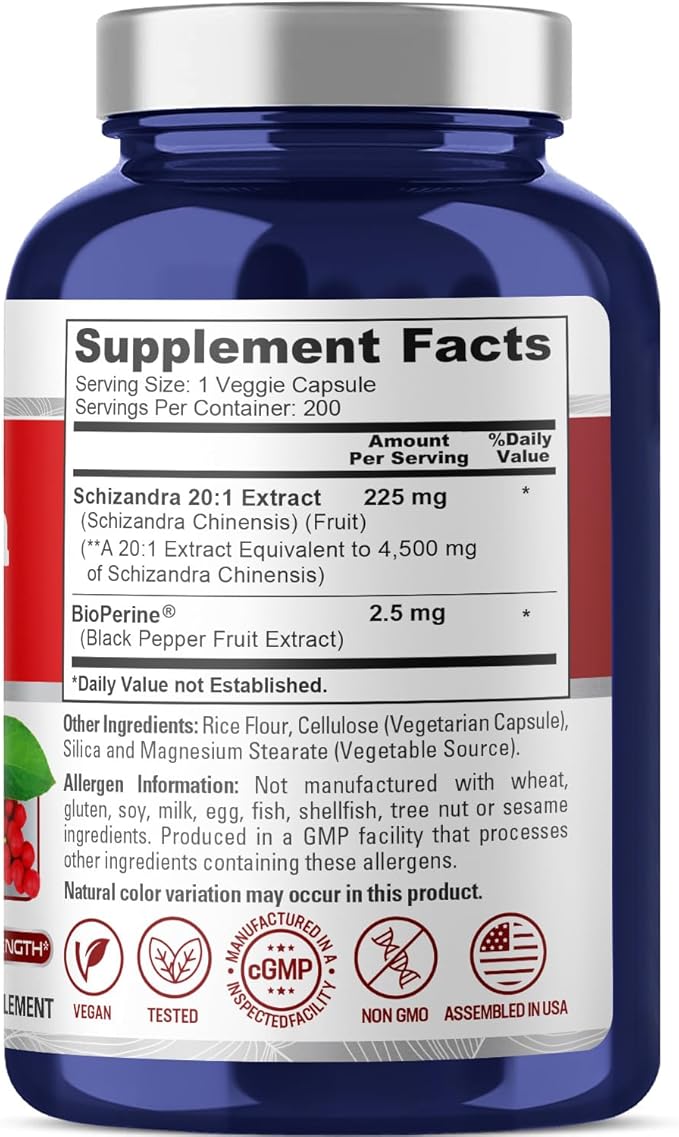 NusaPure Schizandra Berries 20:1 Extract, 225 mg Equivalent to 4500mg, 200 Vegan Capsules (Non-GMO, Bioperine)