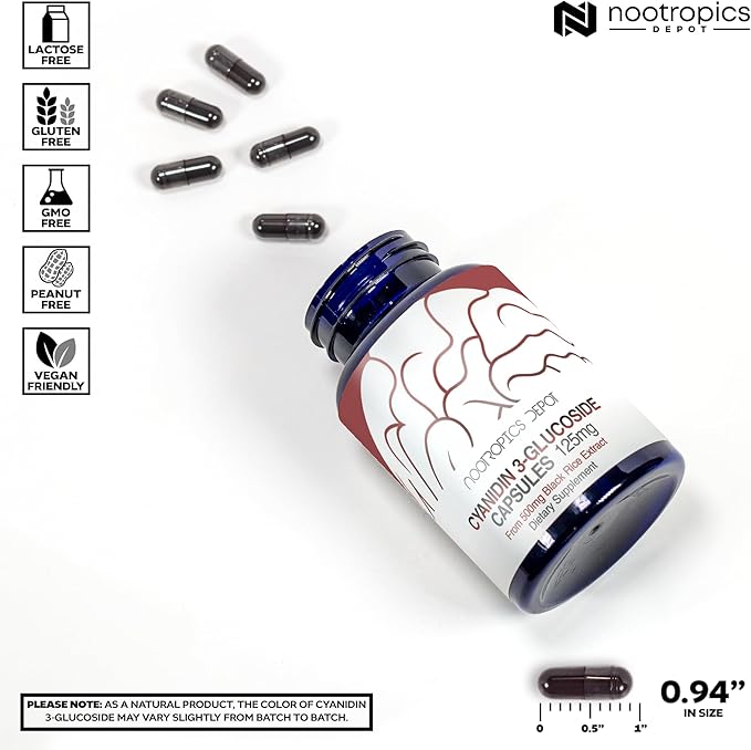 Nootropics Depot Cyanidin 3-Glucoside Capsules | 125mg | 60 Count | Black Rice Extract | C3G | Oryza Sativa | Metabolic, Vision, & Cognitive Support