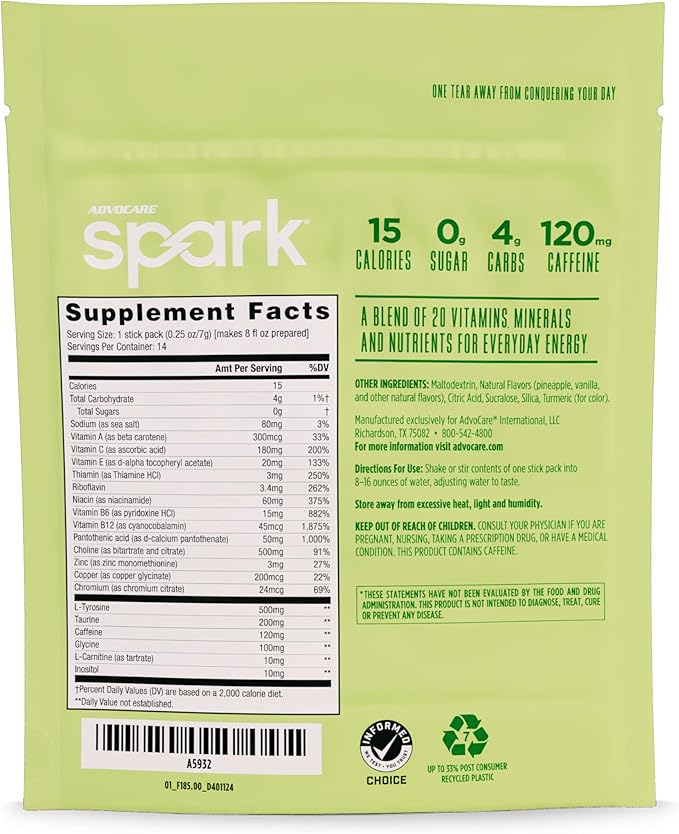AdvoCare Spark Vitamin & Amino Acid Supplement - Focus & Energy Drink Powder Mix with Vitamin A, B-6, C & E - Also Includes L-Carnitine & L-Tyrosine - Pineapple Whip, 14 Stick Packs