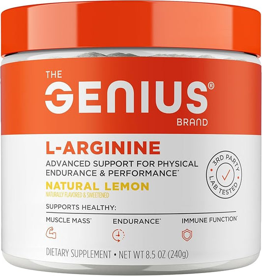 Genius L-Arginine Nitric Oxide Powder - Fermented L- Arginine Nutritional Supplements & Nitric Oxide Booster - Pre Workout, Natural Muscle Builder - 30 Servings, Lemon