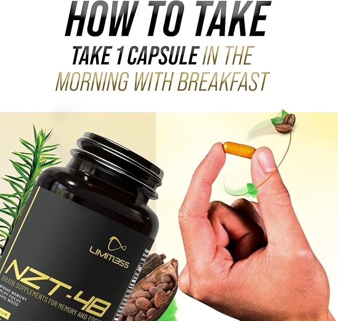 NZT-48 Brain Booster | Nootropic Brain Supplements for Memory and Focus | Premium Natural Energy Supplement with Caffeine, Phosphatidylserine, Vitamins B6 & B12, Ashwagandha | 60 Servings