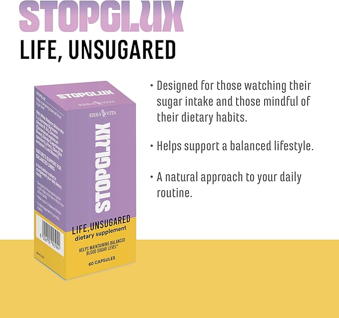 Stopglux 60 Capsules – Dietary Supplement for Sugar Intake and Dietary Habits with Chromium Picolinate, Coenzyme Q10 and Gymnema Sylvestre