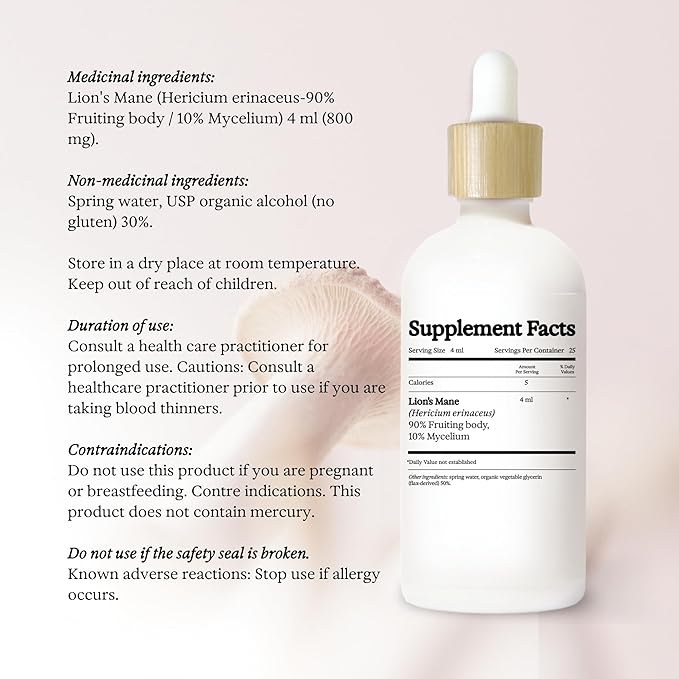 Lion's Mane Mushroom Tincture - Dual Extract Mushroom Supplement - Brain Support, Focus, Memory, Liquid Lion's Mane Supplement, Vegan, Non GMO, 3.4 fl oz