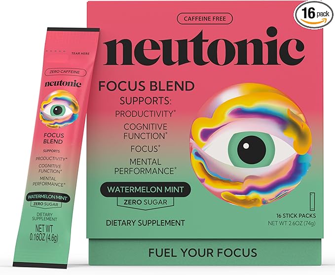 Neutonic Nootropic Focus Blend Powder | Watermelon Mint 16 Sticks | Caffeine Free, Zero Sugar | Support Memory, Mental Clarity, Cognitive Function | Boost Focus, Energy, Brain Health