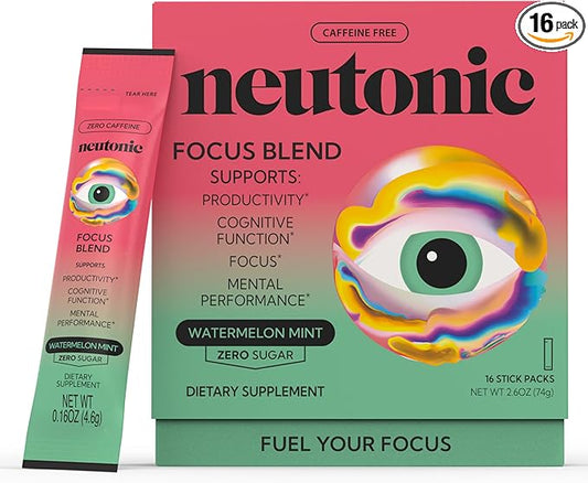 Neutonic Nootropic Focus Blend Powder | Watermelon Mint 16 Sticks | Caffeine Free, Zero Sugar | Support Memory, Mental Clarity, Cognitive Function | Boost Focus, Energy, Brain Health