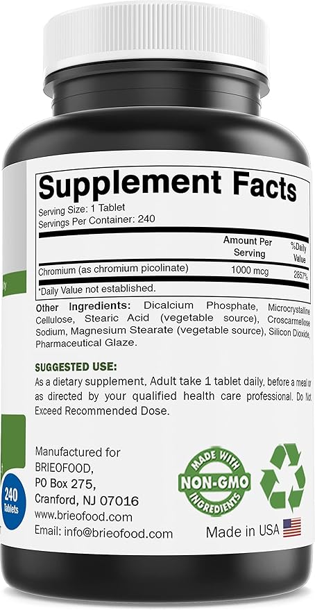 Brieofood Chromium Picolinate 1000 mcg Pills - 240 Tablets - 240 Servings - Non-GMO, Gluten Free