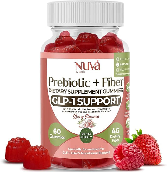NuVa by Trulore Prebiotic + Fiber Gummies | GLP-1 User Nutritional Support | Sugar Free Fiber Gummies for Adults | Berry Flavor | Non-GMO Digestive Balance for Men & Women | 60 Gummies - 30 day Supply
