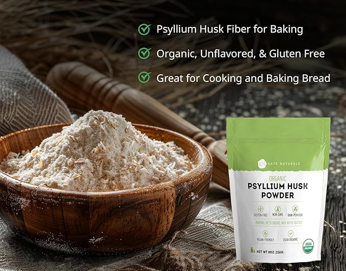 Kate Naturals Psyllium Husk Powder for Baking, Fiber. Psyllium Seed Powder for Dogs & Cats (8oz, Organic, Gluten Free, Pet Safe)