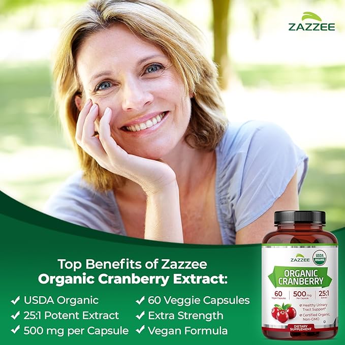 Zazzee USDA Organic Cranberry 25:1 Extract, 500 mg per Capsule, 60 Vegan Capsules, 2 Month Supply, Standardized, Concentrated 25X Extract, 100% Vegetarian, Certified Organic, Non-GMO All-Natural