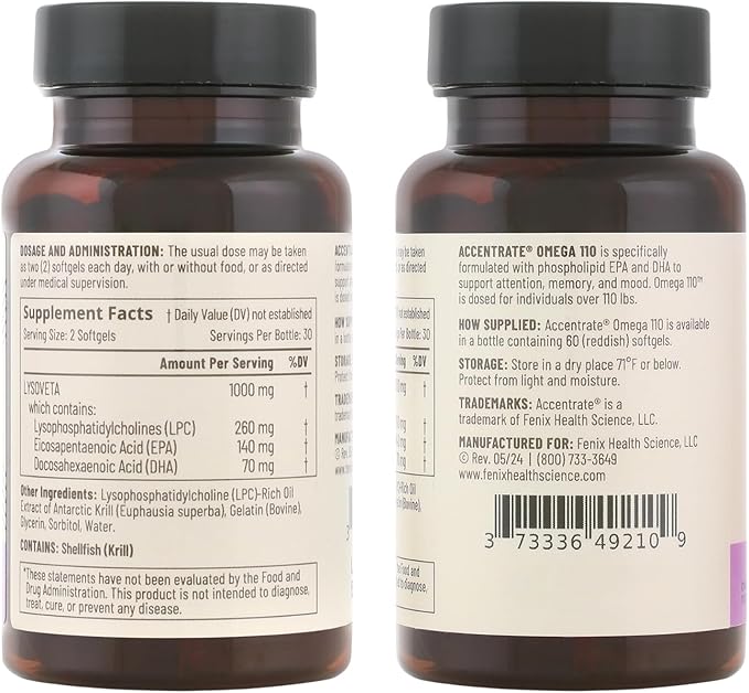 Omega 110 w/LYSOVETA LPC | EPA & DHA Supplements for Brain & Retina Health | Focus, Attention, Memory, Mood & Vision | 6X Higher Absorption Than Fish Oil | High Potency Omega-3 LPC-DHA