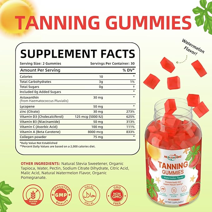 Tanning Gummies - Tan Bronzing Supplement with Astaxanthin Lycopene Beta Carotene Vitamins Supports Sun-Kissed Glow Non-GMO, Vegan Friendly (30-Day Supply)
