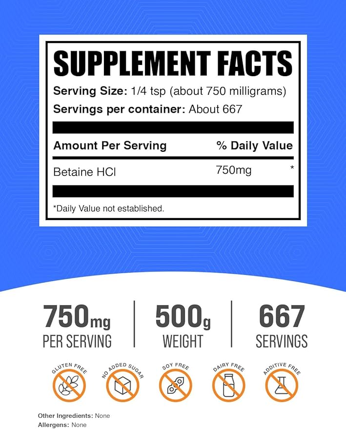 BulkSupplements.com Betaine HCl Powder - Betaine Hydrochloride Supplement, Digestive Support - Gluten Free, 750mg per Serving, 500g (1.1 lbs) (Pack of 1)