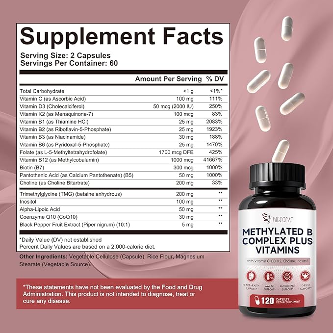 16-in-1 Methylated Multivitamin Plus, Methylated B Complex with Vitamin B12 & Methylfolate, B1-B7, CoQ10 & Alpha Lipoic Acid, Vitamin B Complex for Energy, Brain, Heart, Immunity& Antioxidant,120 Caps