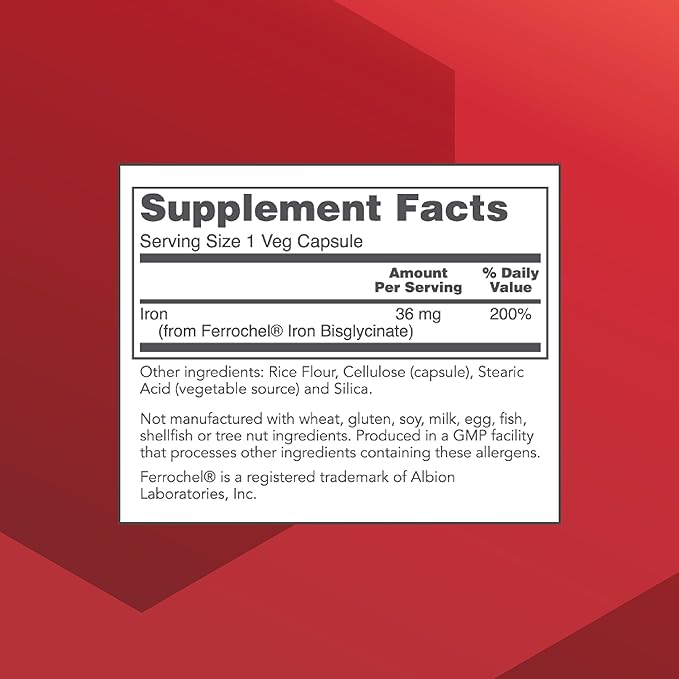 PROTOCOL FOR LIFE BALANCE Iron 36mg - Bioavailable Ferrochel Iron - for Energy & Immune Support - Iron Bisglycinate Support Mitochondria - Vegan, Halal & Kosher - 90 Veg Capsules