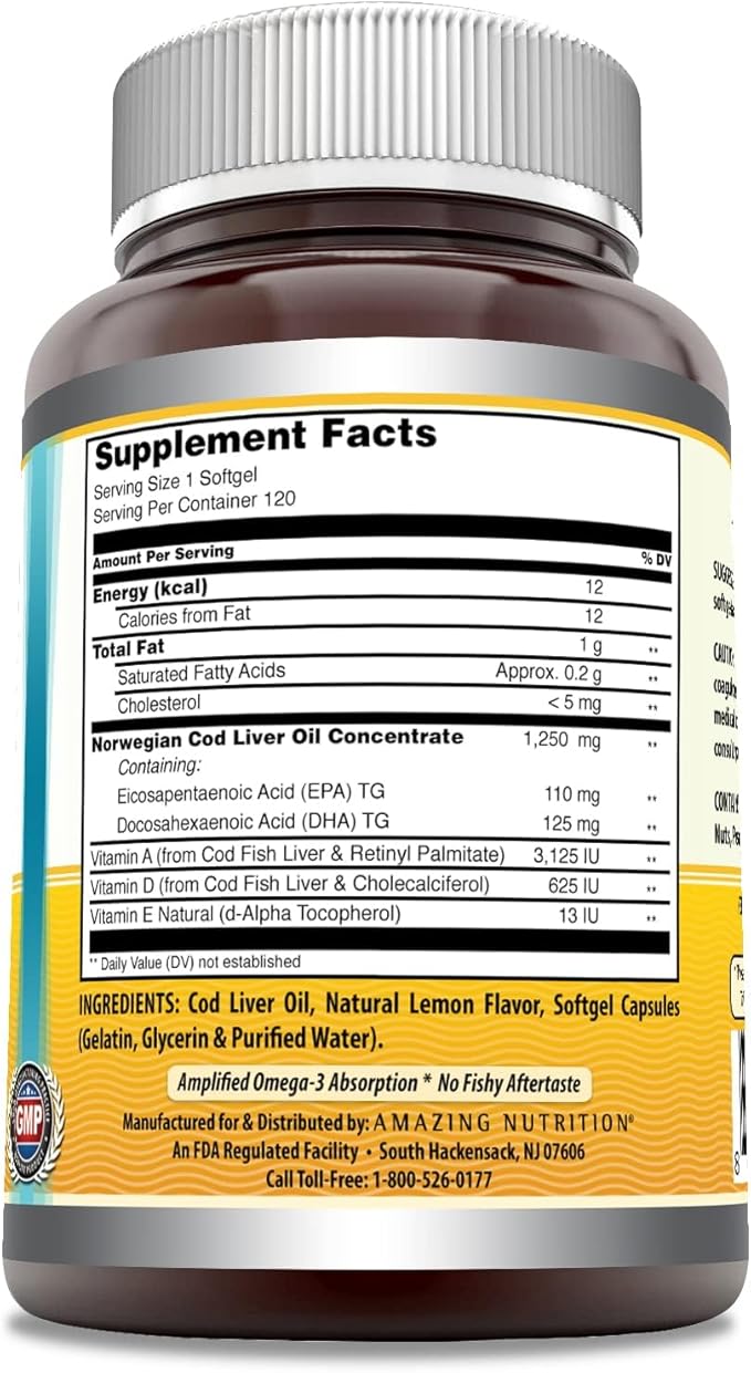 Amazing Omega Norwegian Cod Liver Oil 1250 Mg Softgels Supplement | Omega-3, EPA, DHA, Vitamin A, Vitamin D & Vitamin E (Lemon | 120 Count | 2 Pack)
