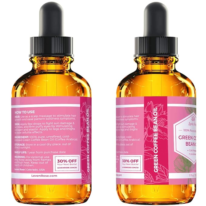 Leven Rose Green Coffee Bean Oil 100% Natural Pure Cold Pressed Unrefined Coffeebean Oil For Around Eyes, Face, Nails, Skin, And Hair- 1 oz Bottle (1 ounce)