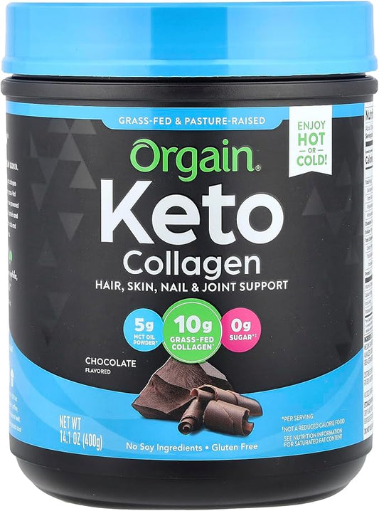 Orgain Keto Collagen Protein Powder with MCT Oil, Chocolate - Paleo Friendly, Grass Fed Hydrolyzed Collagen Peptides Type I and III, Dairy Free, Gluten Free, Soy Free, 0.88 Lb (Packaging May Vary)