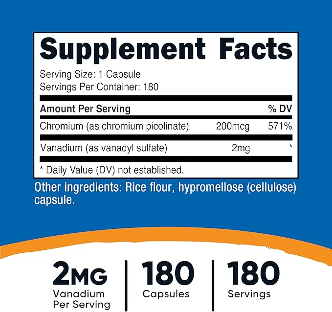 Nutricost Vanadium + Chromium 2mg 180 Vegetarian Capsules - Gluten Free, Non-GMO - Vanadium Supplement