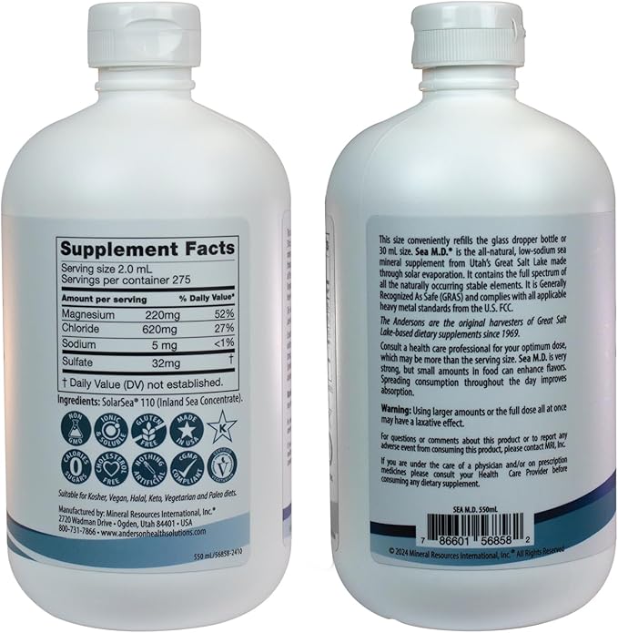Anderson Sea M.D. New Refill Size Concentrated Trace Mineral Drops, Ionic Electrolyte Magnesium Supplement, Aids in Muscle Cramps, Liquid Magnesium, Easy to Take, 550mL, 275 Servings