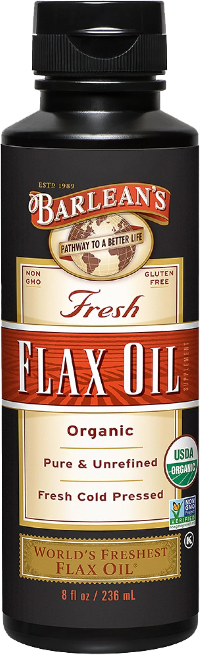 Barlean's Organic Flaxseed Oil Liquid from Fresh Cold Pressed Flax Seeds, 7,640mg ALA Omega 3 Fatty Acid Supplement for Skin and Hair Care, Vegan & Gluten Free, 8 oz