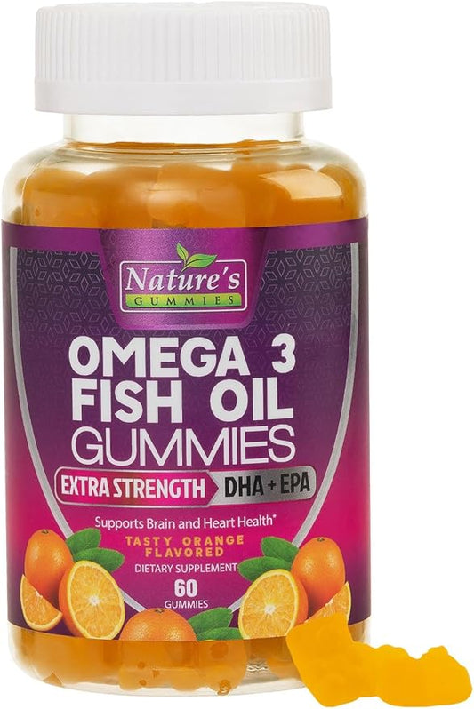 Omega 3 Fish Oil Gummies Triple Strength Vitamin - DHA & EPA with Fatty Acids for Heart Health, Joint, Brain Support Fish Oil Omega-3 Supplement Nature's High Absorption Orange Flavor Gummy, 60 Count