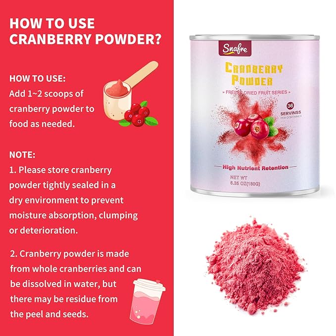 Cranberry Powder, 6.34OZ/180G Freeze Dried Cranberries Powder, Fruit Powder, No Sugar, No Additives, for Baking, Smoothies, Juices, Cocktails, Tea, Yogurt, Oatmeal