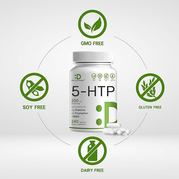 5-HTP 200mg Per Serving, 240 Capsules, 98% African Derived Griffonia Seed Extract | 4 in 1 Formula | Plus Active L Theanine, L Tryptophan, & GABA | Relaxation Support