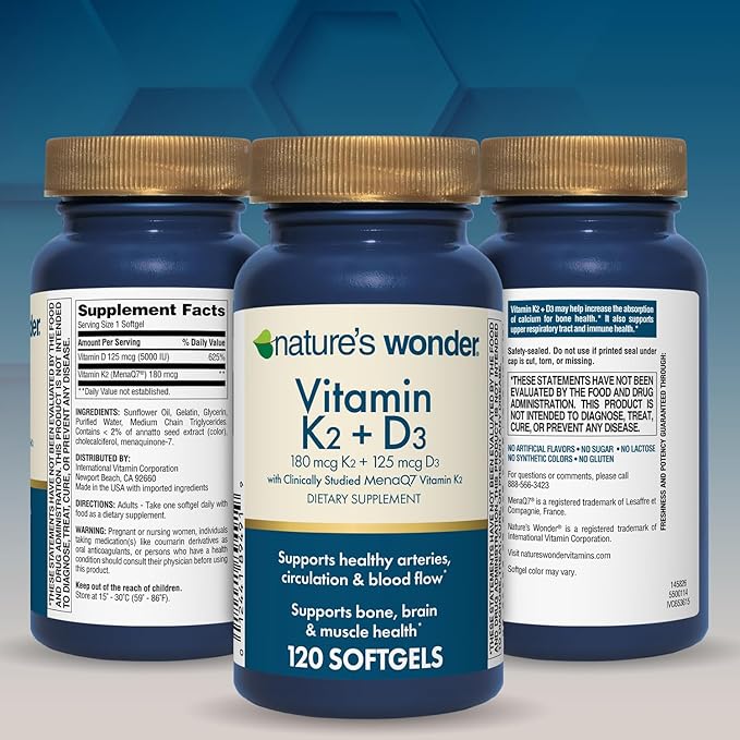 Nature's Wonder Vitamin K2 + D3 with MenaQ7 for Cardiovascular, Brain, Bone and Muscle Health, 120 Softgels, 120 Day Supply