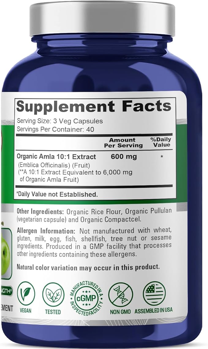 NusaPure Organic Amla Capsules 10:1 Extract, 600 mg Equivalent to 6,000mg | 120 Count | Amalaki Fruit | USDA, Vegan, Non-GMO Supplement