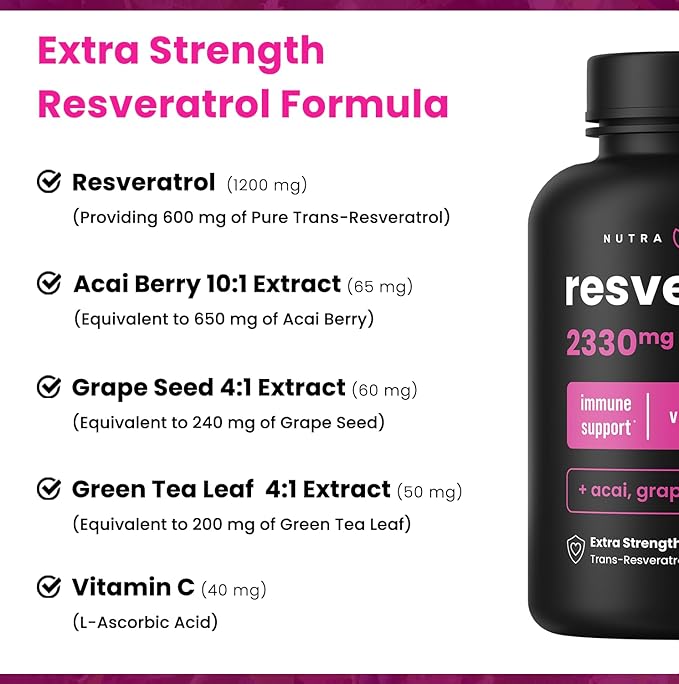 NutraChamps Resveratrol Supplement, Extra Strength Formula for Healthy Aging, Immune Support, 60 Vegan Capsules with Trans-Resveratrol, Green Tea Leaf, Acai Berry & Grape Seed Extract