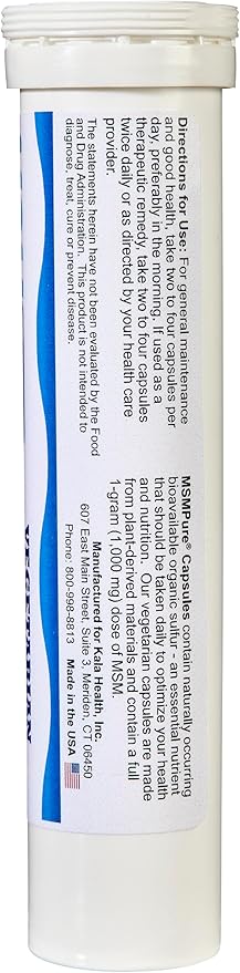 KALA HEALTH MSMPure MSM Vegetarian Capsules – 1,000 mg US-Made MSM per Capsule for Joint Health, Skin Appearance, Hair & Nail Support – 24 Count Travel Size, Organic Sulfur