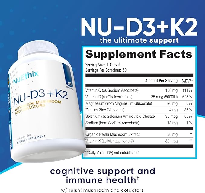 NuEthix Formulations NU-D3 + K2 - Vitamin D3 and K2 5000 iu Supplements - Packed with Reishi Mushroom, Magnesium, & Zinc - 60ct, 60 Servings - Made in USA Products Only