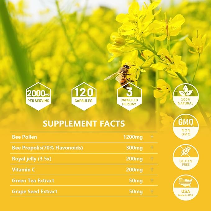 Organic 6-in-1 Bee Pollen Supplement - 2000mg Per Serving - Bee Pollen for Women & Men - Superfood for Immune & Energy Support - Non-GMO, Made in USA - 120 Capsules