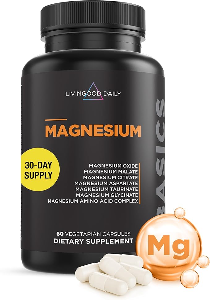 Livingood Daily Magnesium Supplement with Magnesium Glycinate, Citrate, Malate, Oxide, Aspartate, Amino Acid Complex and Chicory Root for Heart Health, Sleep and Muscle Support, 300mg, 60 Capsules